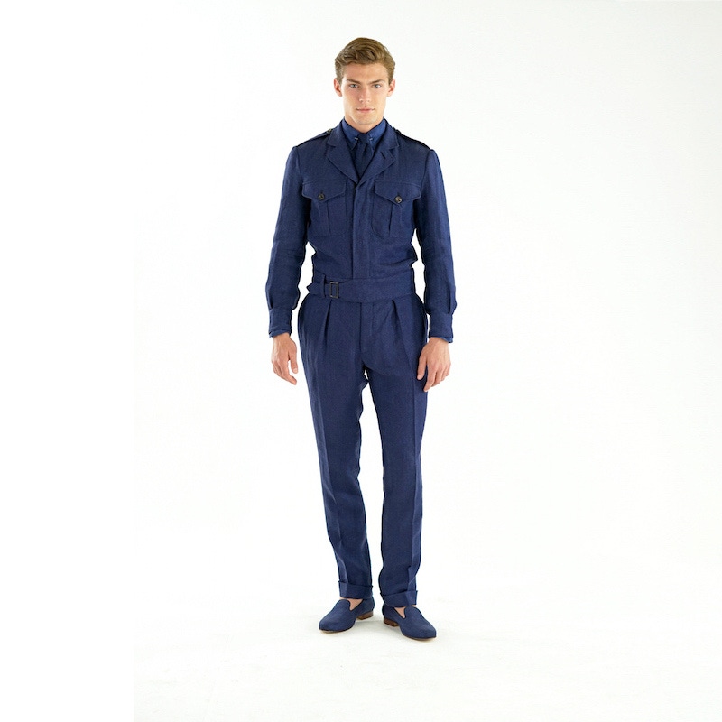 Ralph Lauren Purple Label: Part mechanic, part aviator, this ensemble appears as though it’s a one piece, although it’s actually made up of a belted linen herringbone sport coat and matching trouser combination.