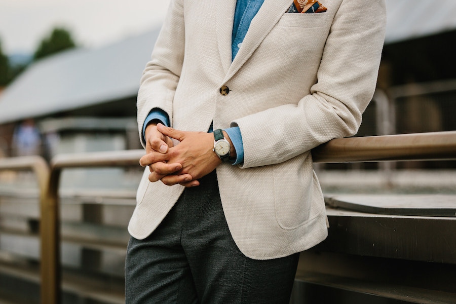 Understated watches were prevalent at Pitti. This vintage Rolex Oyster has been paired with a bottle green alligator strap, and looks great against the denim shirt and basketweave blazer.