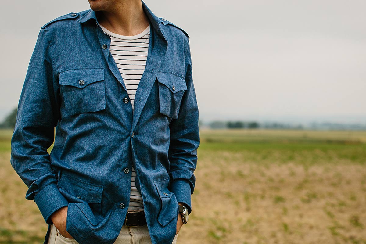 Ben St George takes in the morning in Marol's denim safari shirt.