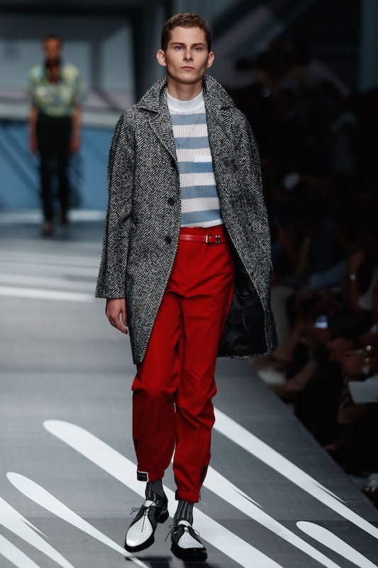 Prada: Prada referenced Paul Weller in his Style Council years with this summer tweed overcoat. The bold red, pegged trousers are another example of the wide, tapered style.