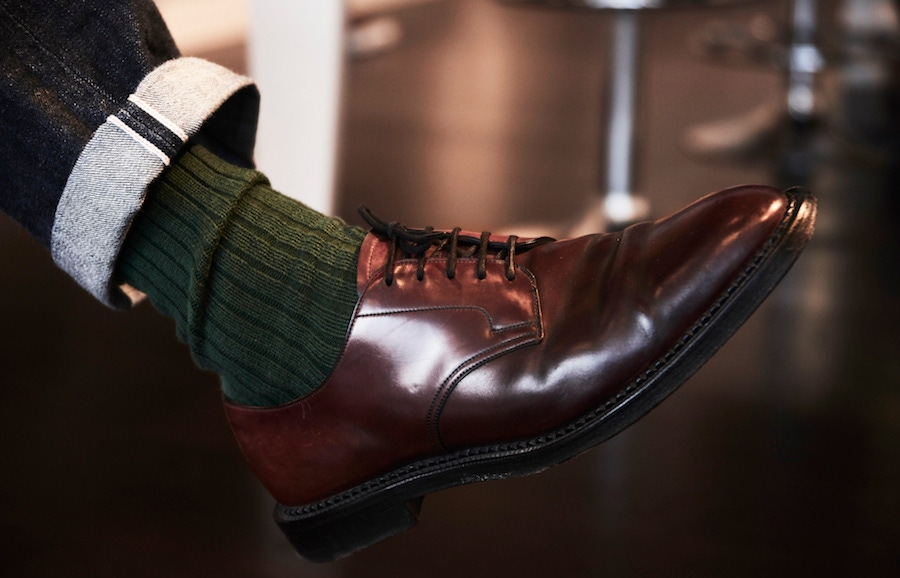 Traditional and yet modern too, these English-made Edward Green shoes made from cordovan leather have worn beautifully and are matched with thick Corgi cotton socks and turn-up jeans from RRL.