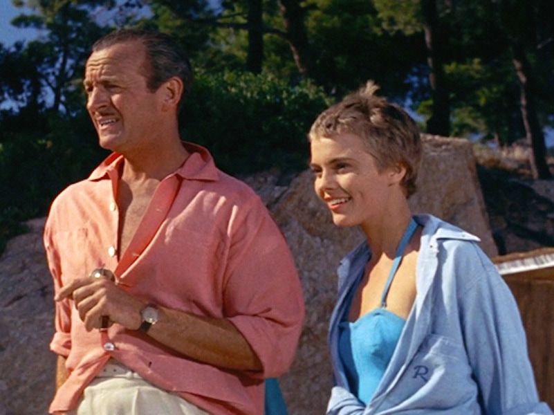 David Niven with Jean Seberg in Bonjour Tristesse, 1958. The film was shot on the French Riviera, with Niven’s wardrobe proving to be especially Rakish.