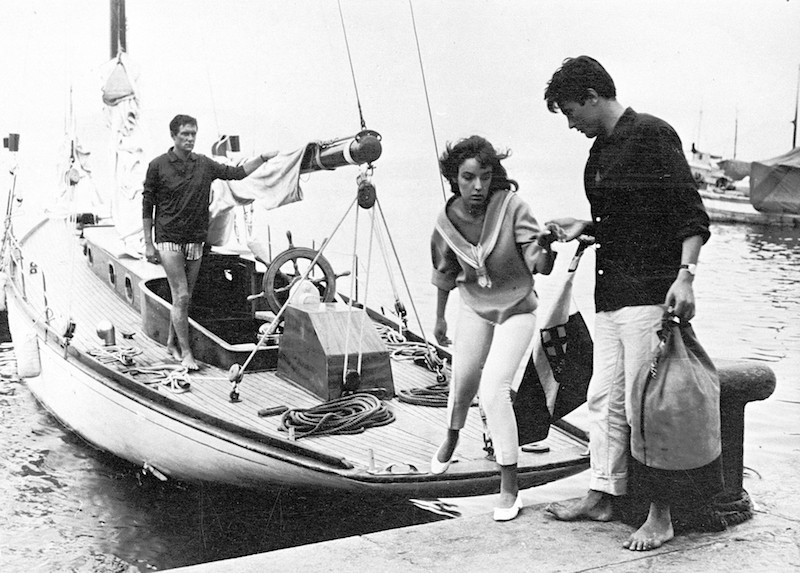 Alain Delon with Marie Laforet and Maurice Ronet on the set of Plein Soleil, 1960.