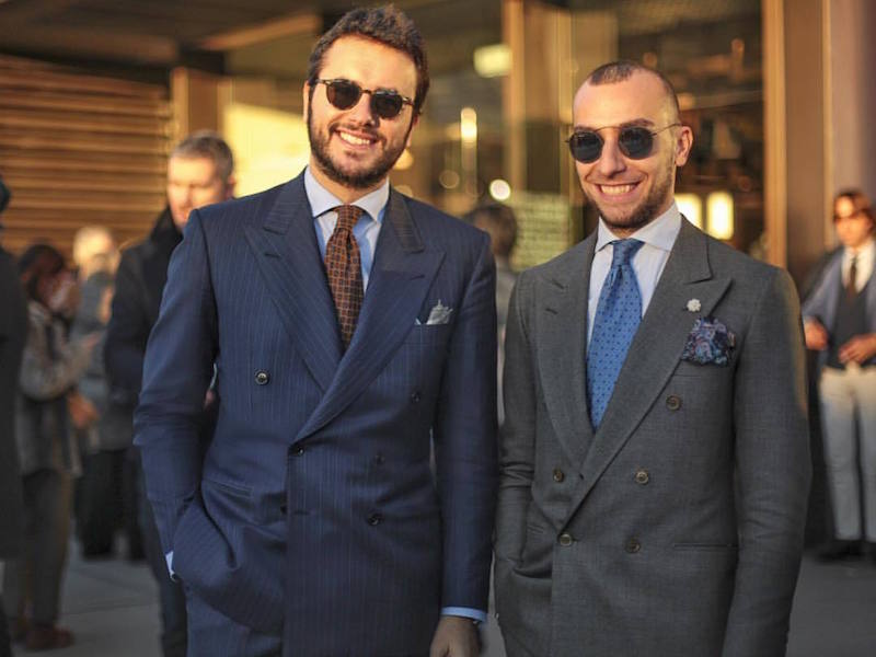 Fabio Attanasio and Massimiliano Caraceni donning typical A. Caraceni tailoring. Fabio wears his buttoned at the centre, whilst Massimiliano's is buttoned at the bottom button. Photo by Eleonora Proietti.