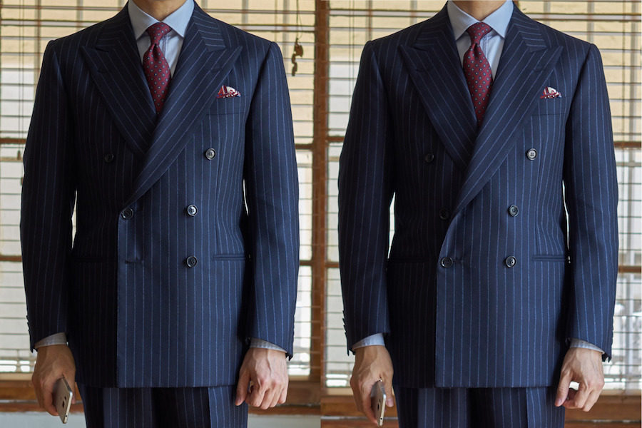 On the left, the suit is buttoned at the centre, creating a more structured silhouette. On the right, the same suit is buttoned only on the bottom row; the lapel rolls back elegantly, creating the illusion of length within the body.