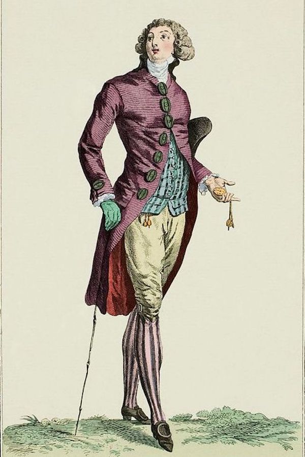 On the other hand, this is what a typical 'fop' in looked like in Georgian London. They wore wigs, make-up, lavish, colourful fabrics, and silk stockings under knee-length breeches.