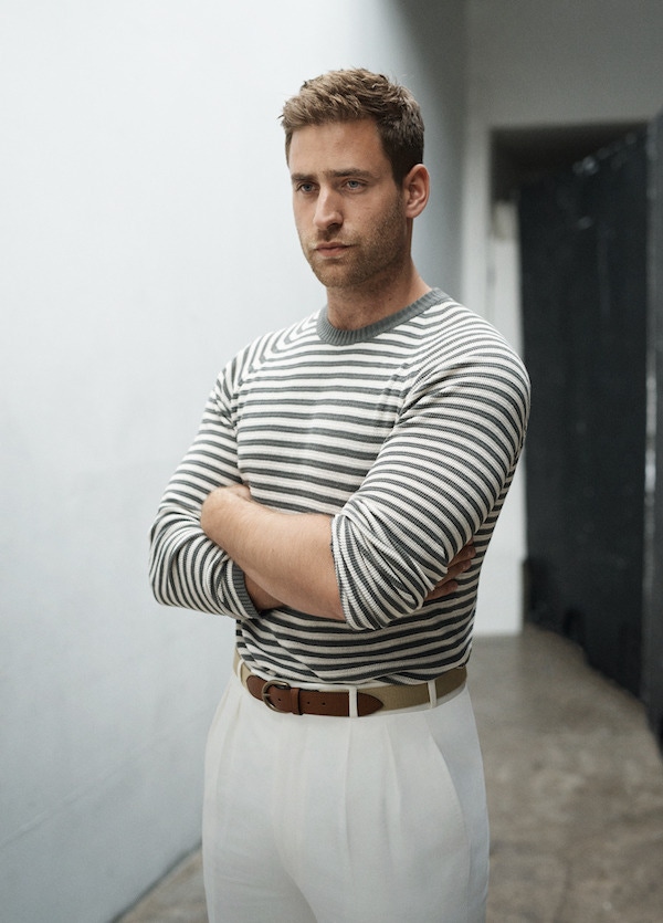 Grey and cream stripe knit jumper, Fujito at Trunk Clothiers; off-white flannel, high-waisted trousers and wedding belt, Anderson & Sheppard.