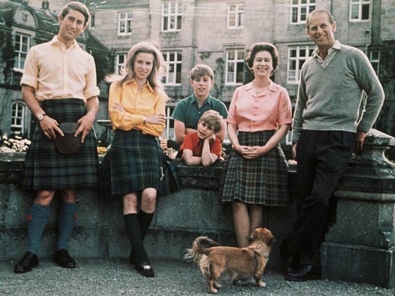 Queen Elizabeth II at Balmoral with Prince Charles, Princess Anne, Prince Edward, Prince Andrew and Prince Phillip.