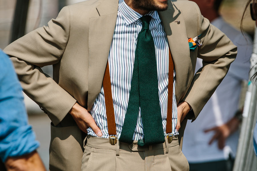 Clip-on braces seen at Pitti Uomo 2017. Photo by Jamie Ferguson.