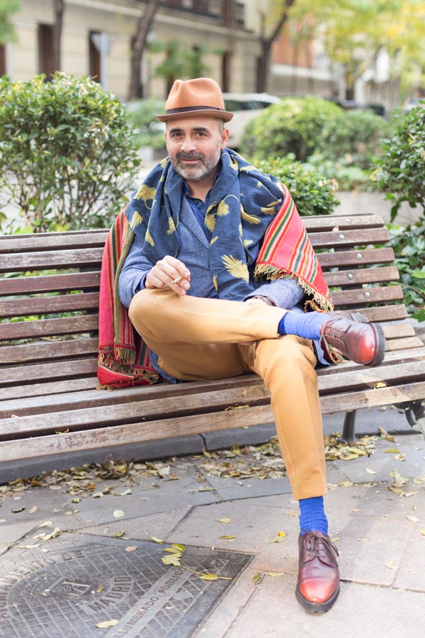 Norman Vilalta wears his own designs in Madrid. Photo by Charles-Edouard Woisselin.