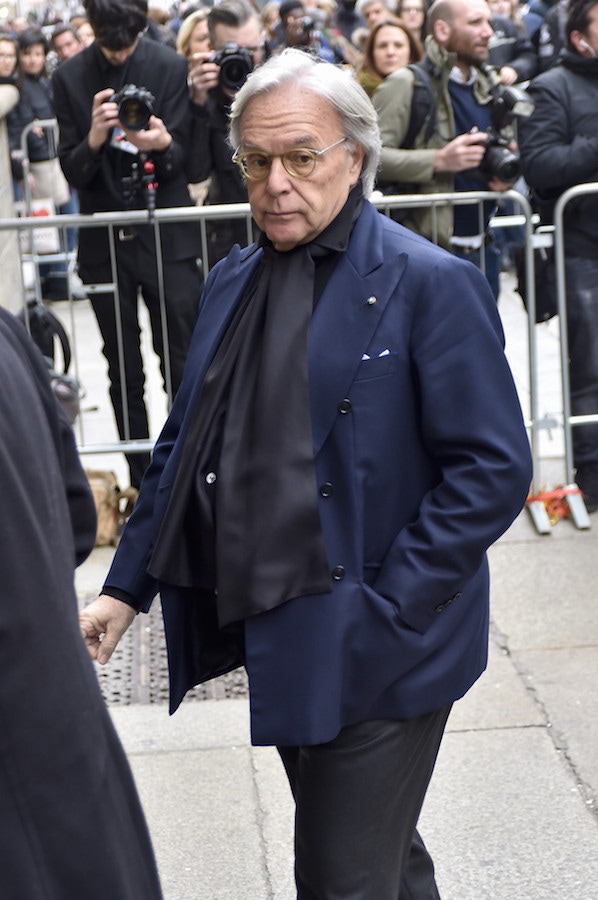 Diego Della Valle, boss of Tod’s, also favours his DBs worn open, except he often wears them with a silk scarf. Photo by WWD/REX/Shutterstock.