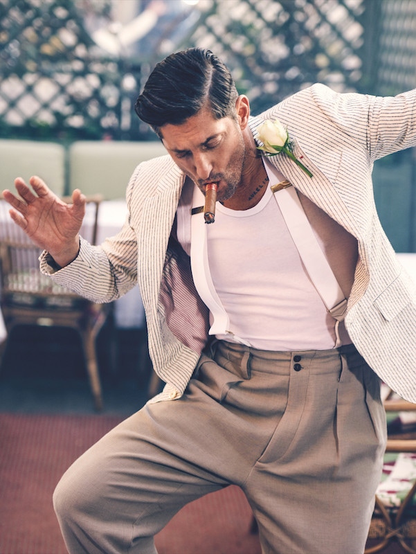 Tony Ward wears ivory and navy striped cotton jacket, Caruso; white cotton vest, Hermès; beige cotton high-waisted, wide trousers, Giorgio Armani; white silk braces, Budd Shirtmakers. Originally published in Issue 50 of The Rake.