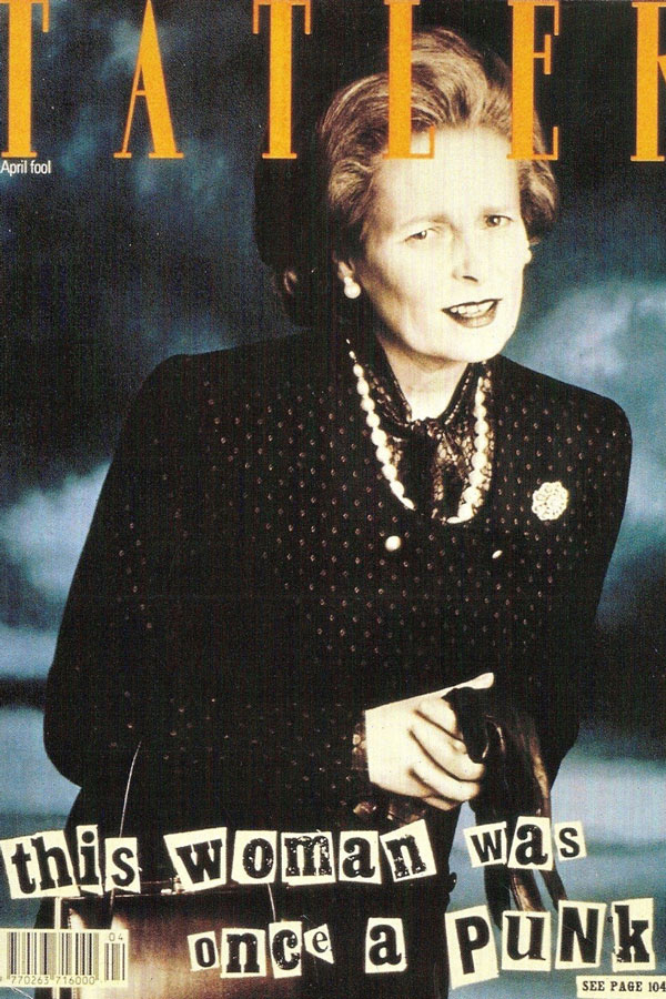 Vivienne Westwood dressed as Margaret Thatcher on the cover of Tatler, 1989.