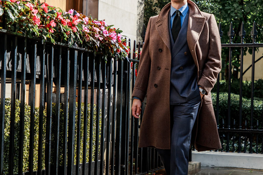 Chester Barrie's herringbone greatcoat paired with the denim Kingly suit.