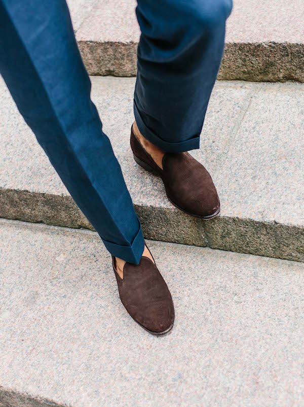 “These are a wholecut loafer in dark brown suede with metal toe tips and a personal monogram on the sole, from Carmina’s made-to-order selection. They are very versatile so I wear them a lot during spring and summer.”