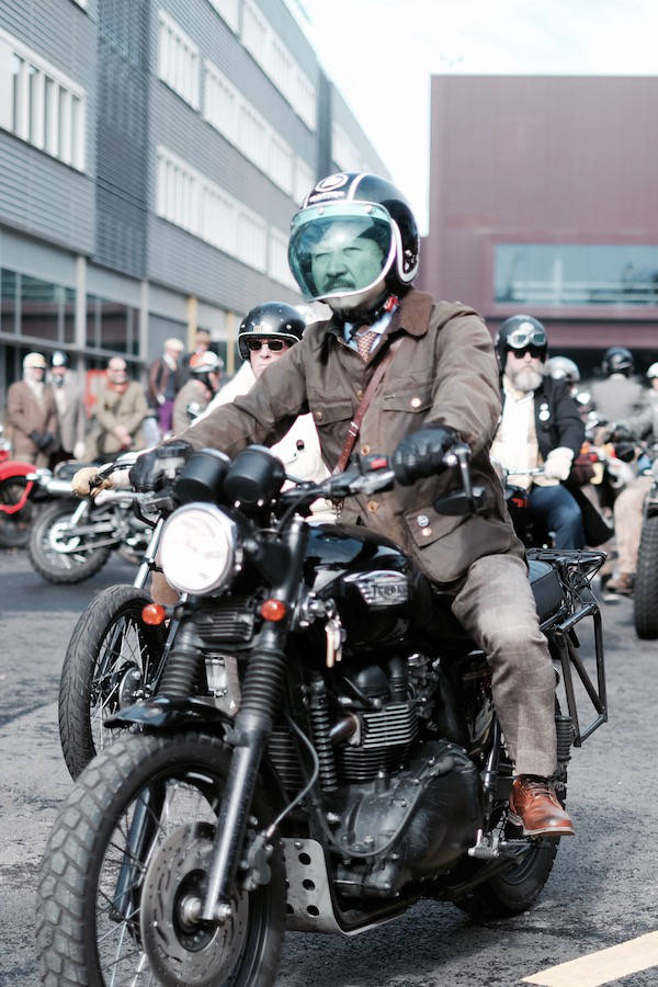 A rider on his Triumph Bonneville motorcycle at the DGR in London, 2016. Photograph by Justin Hast.