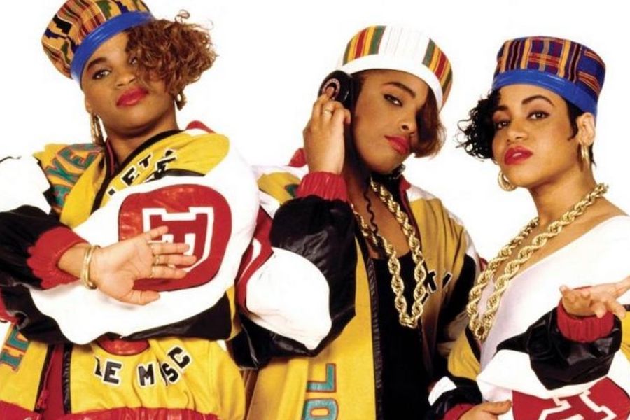 American hip-hop rap trio Salt-n-Pepa in their custom made 'Push It' jackets, circa 1987.