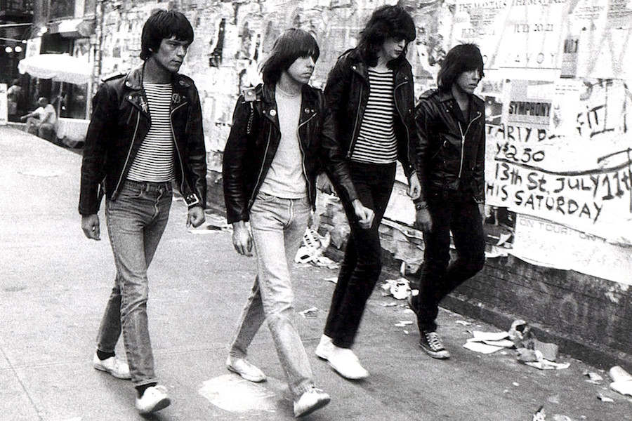 Dee Dee, Tommy, Joey and Johnny Ramone epitomise the rebellious, non-conforming mindset of a rock band in the 1970s, wearing Converse and matching leather jackets in New York, 1976.