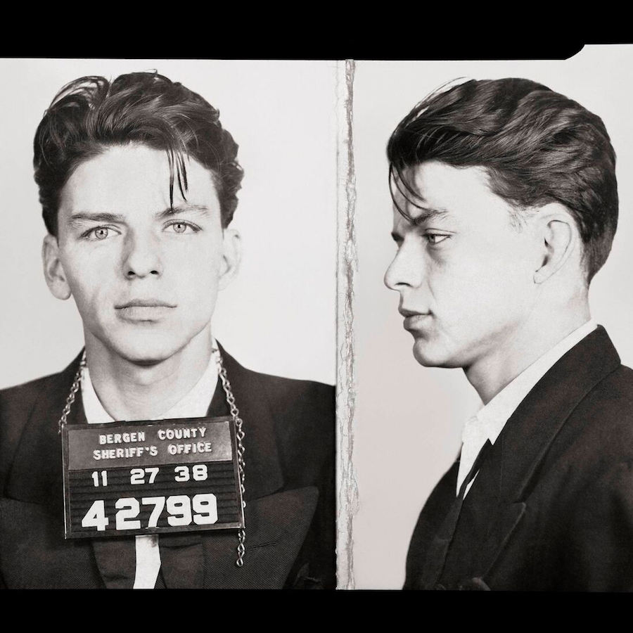 Sinatra's mug shot after he was arrested by the Bergen County, New Jersey sheriff in 1938, charged with adultery. However, the charges were eventually dismissed.