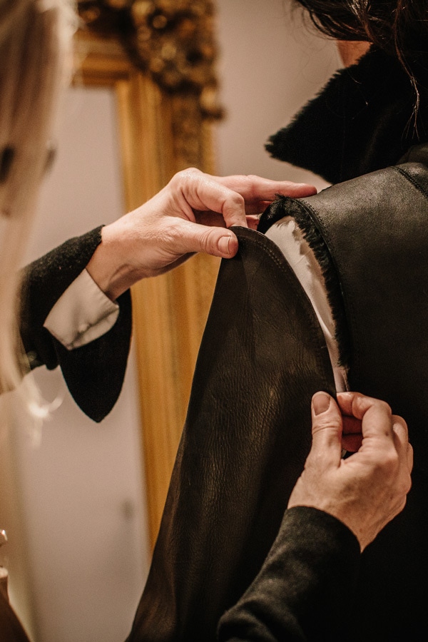 Pauline Harris putting together a Cromford Leather jacket.
