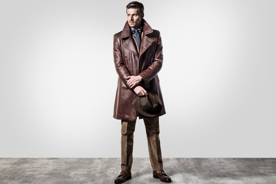 The Eastwood coat by Cromford Leather Co. is made from brown cowhide sourced in Italy.