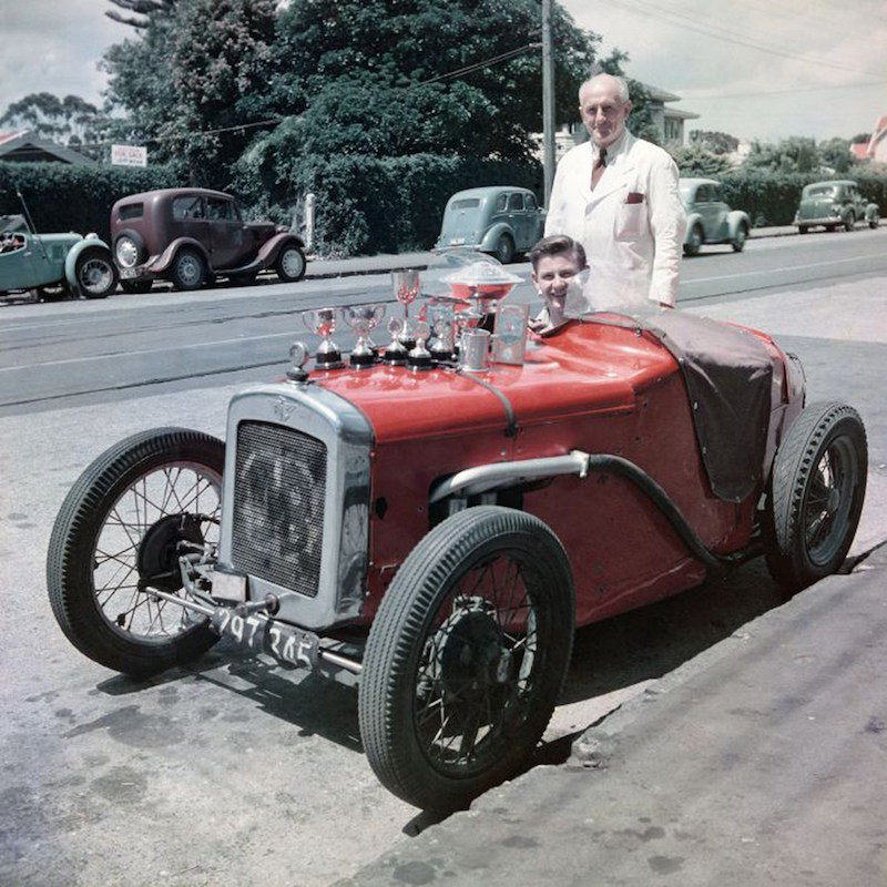 Sitting in the 1929 Austin 7 that ignited his passion for motorsport.