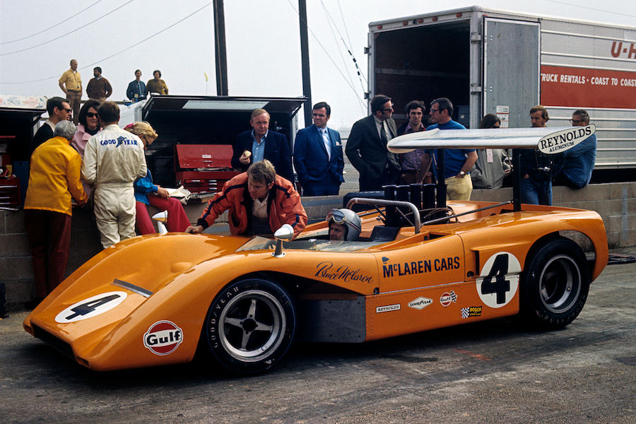 Piloting the McLaren-Chevrolet M8B that went on to win the Los Angeles Grand Prix in 1969. (Photograph by Bernard Cahier).