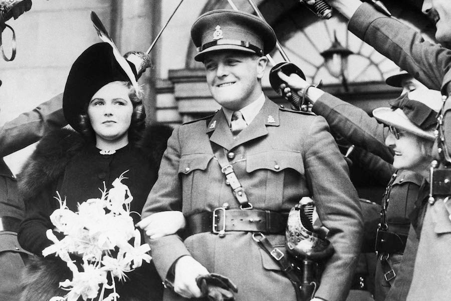 With Randolph Churchill, son of Winston Churchill, First Lord of the British Admiralty, leaving St. John's Church in London after their marriage in 1939. Photograph by Bettmann/CORBIS.