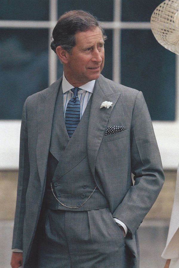 Often opting for soft greys and lightweight fabrics, the Prince cuts a dashing figure in morning dress, bringing a touch of colour and pattern with opposing stripes in his tie and shirt, as well as a polka dot pocket square.