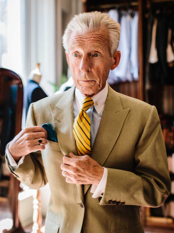 British tailor Edward Sexton wears a single-breasted jacket with a four-button cuff paired with a double cuff shirt and double-sided cufflinks to create a sophisticated ensemble. Photograph by Jamie Ferguson.