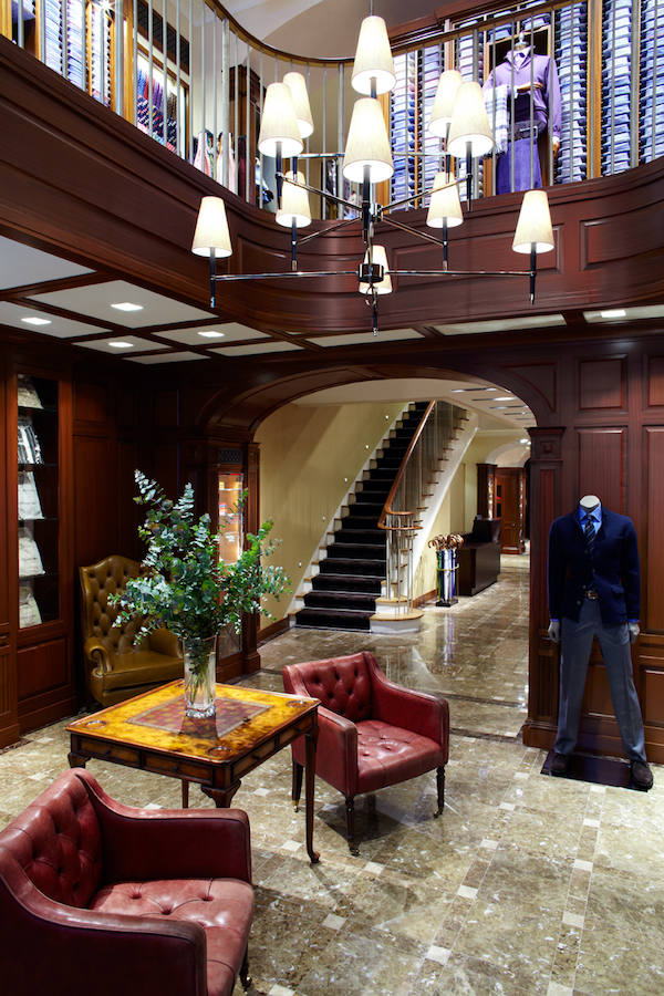 Leather quilted chairs and wood panelling imitate T&A's Jermyn Street store.