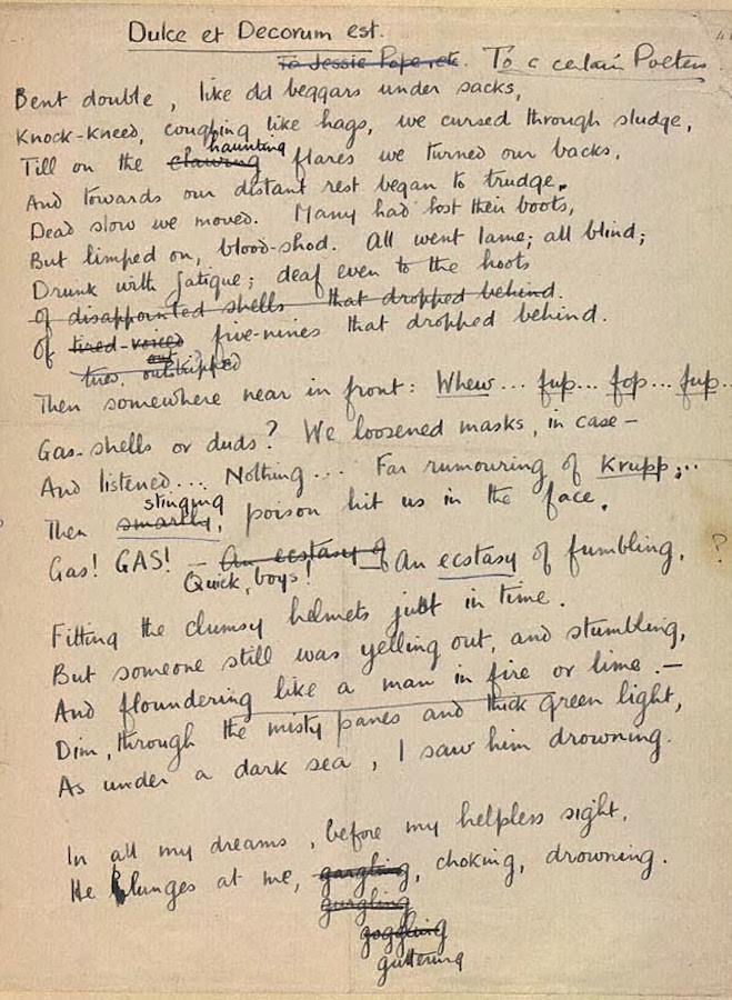 Wilfred Owen's draft of his poem 'Dulce et Decorum est' with suggested notes from Siegfried Sassoon.