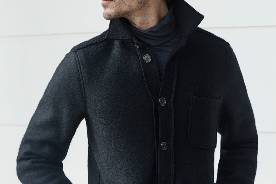 This boiled wool jacket is a snug cover up for cold weather.