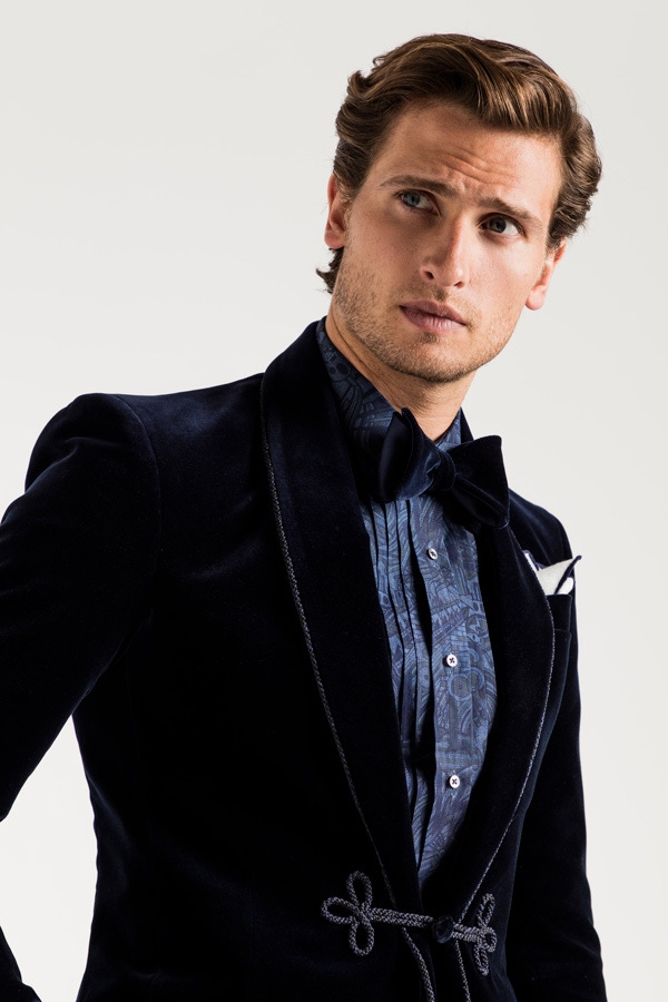 Turnbull & Asser Navy Single Breasted Velvet Smoking Jacket