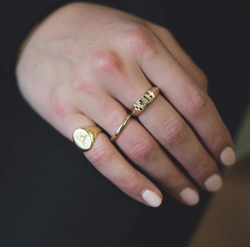 Her grandmother wore a ring with the letters ‘F-U-C-K’ until she passed away aged 93. “Supposedly it’s the initials of a distant relative called Freddie Ulick Charles Knatchbull,” Daisy says, with  an unconvinced raised eyebrow. “But basically my grandmother was a bit of  a maverick.” Depicting an ‘ounce’ — a mythical dog — Daisy’s family crest is stamped sideways onto her oval-shaped Gerald Benney signet ring, a design quirk that all the women in her family share. The gold band is her father’s wedding ring.  