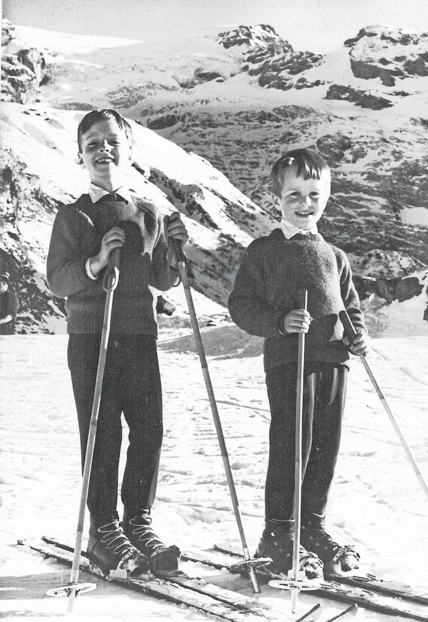 Robert, aged 7, with his younger brother enjoying a skiing holiday in Switzerland.