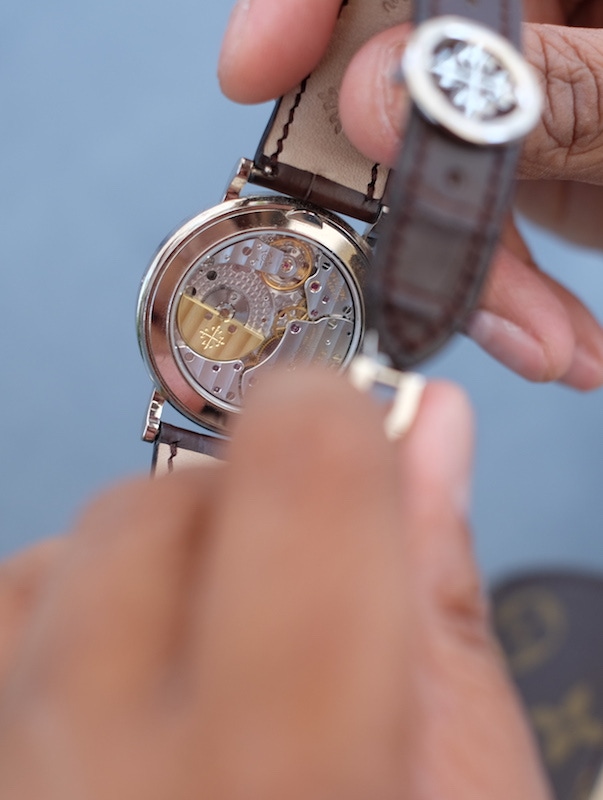 The sapphire crystal caseback on the Patek Philippe Perpetual Calendar ref. 5139G.