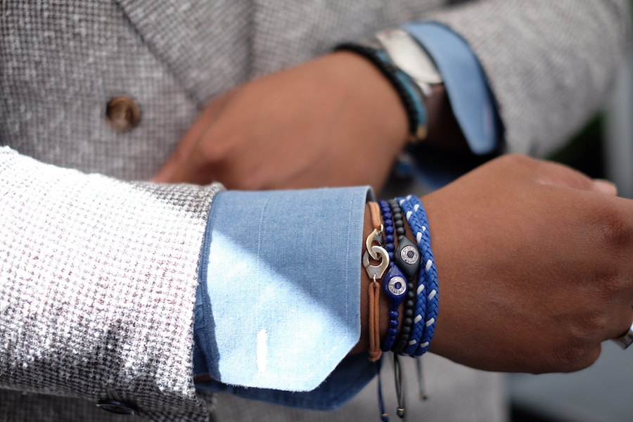 Wearing the Platinum Calatrava ref. 5196P with a soft denim shirt and textured houndstooth jacket, plus a collection of beaded bracelets.