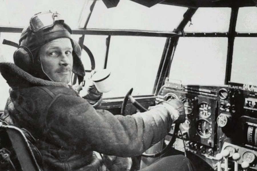 American aviator Leslie Irvin in an aeroplane cockpit, 1940. He is predominantly known for designing the iconic RAF sheepskin flying jacket in the early 1930s, a jacket that would go on to later become synonymous with his name.