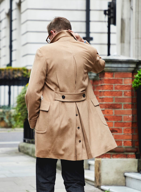 Lardini's double-breasted camel overcoat features an inverted box pleated back, half-belt and patch pockets.