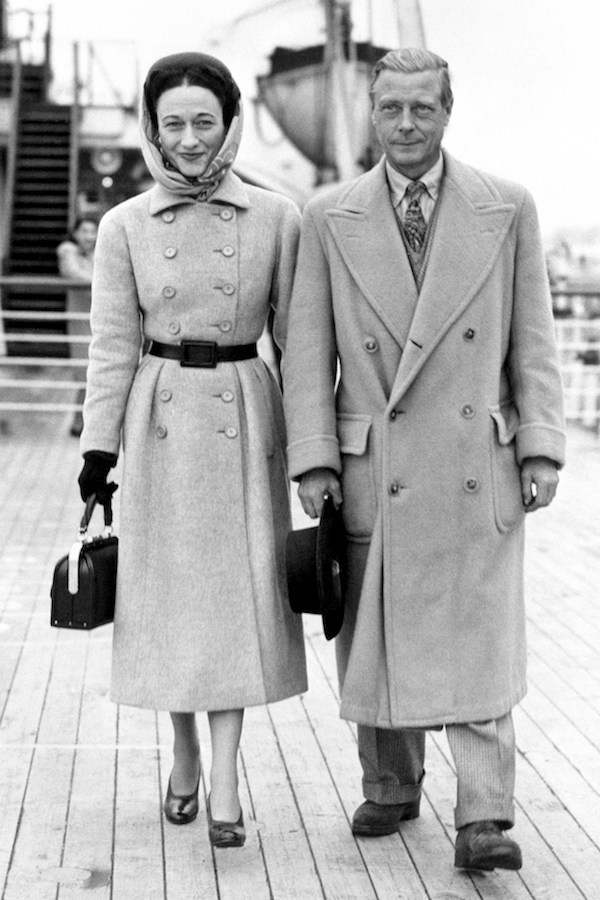 The Duke of Windsor wears a camel hair, double-breasted polo coat with a low-buttoning closure and large patched pockets, circa 1946.