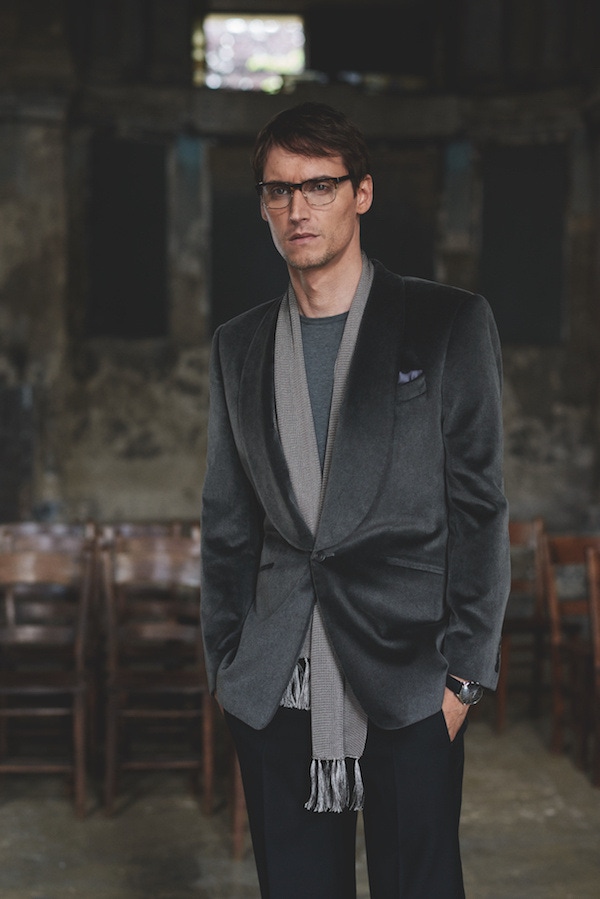 An alternative way to wear velvet, complete with Merino knit and a tonal grey scarf. Photograph by Ben Harries.