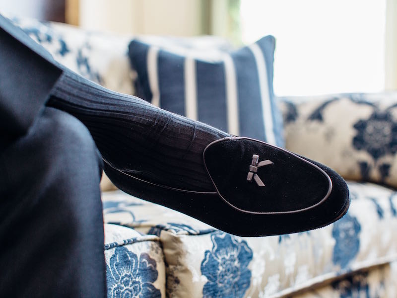These black suede Belgian loafers are from Rubinacci, and add an attractively louche quality to any black tie look.