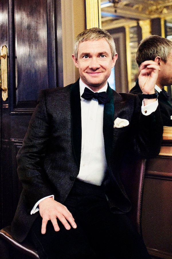 Martin Freeman wears a subtly patterned silk jacquard dinner jacket with green velvet lapels, a great alternative to the more traditional black or midnight blue. Photograph by Simon Emmett.