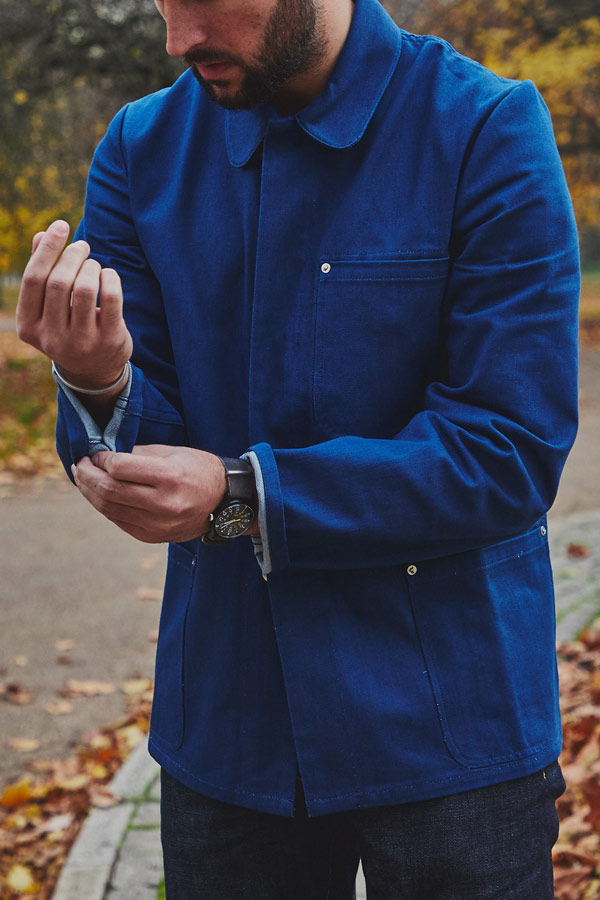 This Blackhorse Lane blue chore jacket features three front pockets and is crafted from hardy natural indigo denim. Photograph by James Munro.