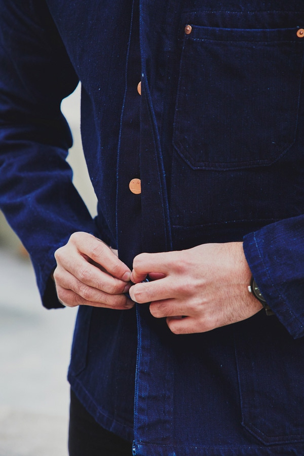 Blackhorse Lane's chore coat is also available in a darker-than-usual double indigo. Photograph by James Munro.