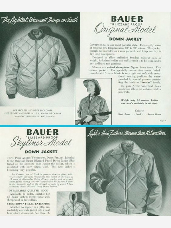 The original 'blizzard proof' Bauer jacket with down filling and quilted outer shell, from 1936.