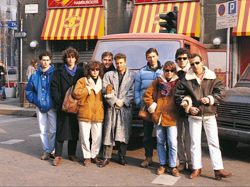 A group of 'paninaro' youngsters at the Piazza San Babilo, wearing their signature branded clothing in 1987.