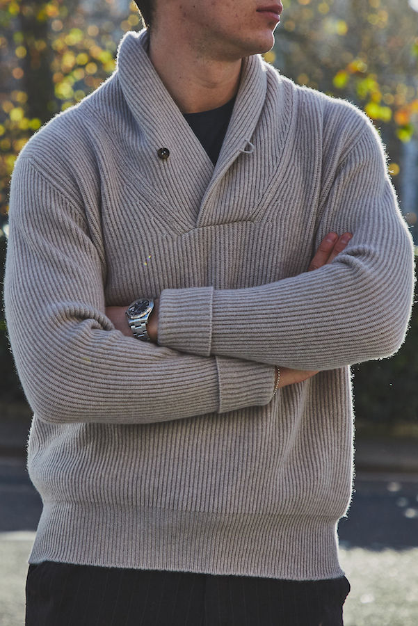 The shawl collar jumper is made from chunky 2-ply cashmere and will work equally well with jeans or tailored trousers. Photograph by James Munro.