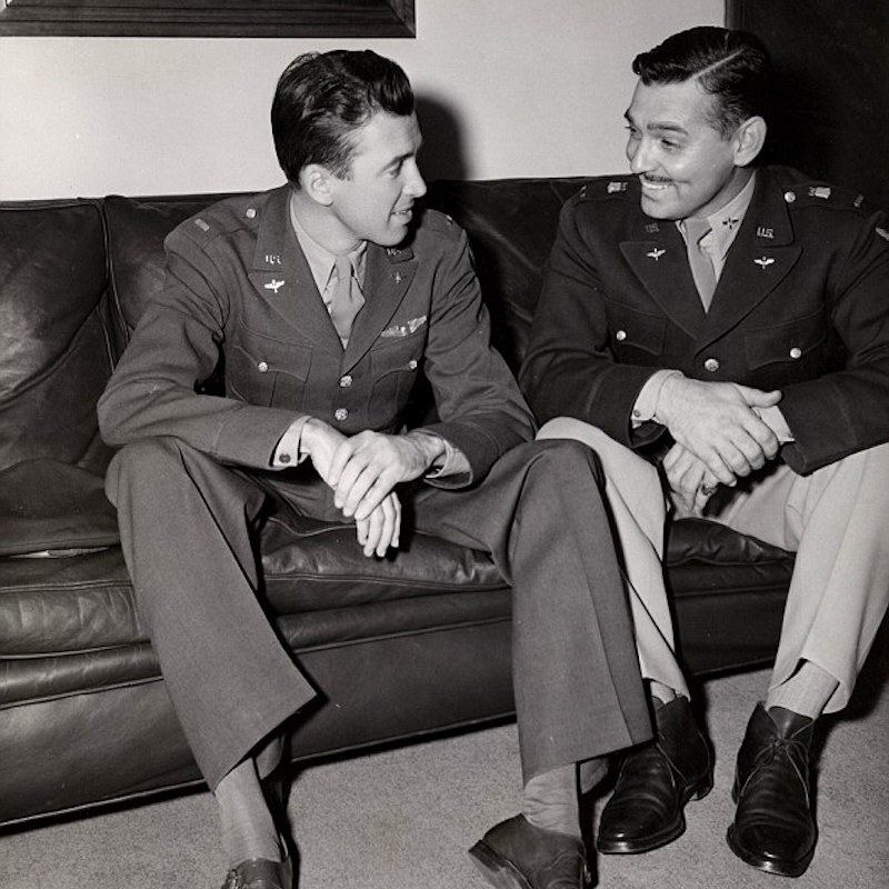 James Stewart and Clark Gable in uniform during their World War II military service. Gable (right) wears leather chukka boots with two lace holes and a rubber sole.